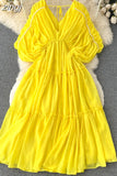 Women Pleated Chiffon Dress Sexy V-Neck Puff Sleeve High Waist Draped Vestidos Female Vacation Beach Midi Robe