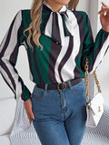 Shooting Spring And Summer New Temperament Striped Striped With Lantern Sleeve Chiffon Shirt Women's