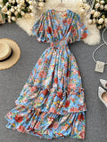 Women Floral Printed Long Dress Sexy V-Neck Short Sleeve High Waist Ruffle Beach Vacation Vestidos Female Maxi Robe