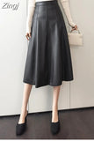 Autumn Winter Women's Skirts Pu Leather Half-length Skirthigh-waist Mid-length A-line Skirt Elegant Splicing Women