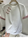 Chinese Style Embroidered Buckle Short-Sleeved T-Shirt Women 2025 Summer New Simple Jafuse Thin
