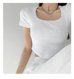 Zingj Letter Embroidered Slim Bottom Shirt Square Collar Low Breast Collarbone Short-Sleeve T-Shirt Midcrop High Waist