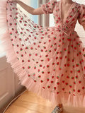 Vintage Style Sequin Strawberry Mesh Pleated Maxi