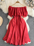Women Sexy Slash Neck Off Shoulder Vacation Beach Dress Female Elegant Hollow Out Short Sleeve A-Line Mini Robe 2023
