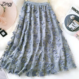 Embroidery Tulle Skirt Women Elegant Design A-Line High Waist Long Pleated Skirt Female Sweet Butterfly Mesh Tutu