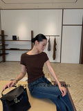 Xixi 2025 Autumn Black Standard Temperament Boat Collar Body-Bottomed Knitted Short-Sleeved T-Shirt For Women