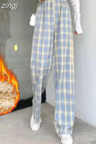 Fashion Warm Plush Pants Thick Plaid Women Casual Loose Wide Leg Trousers Korean Streetwear Straight Student Pants New