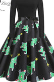 Women Christmas Long Sleeve Print Elegant Vintage Knee-length Party Dress Robe Autumn Winter Casual Xmas