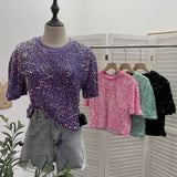 Sequin Short Sleeve T-Shirt 2025 Spring And Summer Korean Version Of Loose Night Club Bling Top