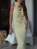 Women's Dress V-Neck Hanging Neck Solid Color Dress Three-Dimensional Lace Decoration Women