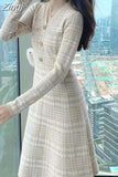 Button Plaid Sexy Sweater Woman Dress Elegant Korean Evening Long Sleeve V-Neck Maxi Dresses for Women Party Autumn