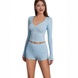 Women's Sexy Low-Chest V-Plate Fastening Long-Sleeved Top Fashion Sports Style + Super Shorts