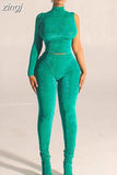 Casual Street 2 Piece Set Women Long Sleeve One Shoulder Skinny Tops+Body-Shaping Foot Pants Female Matching