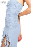 Sexy Strapless Off Shoulder Midi Dress Women Ruffles Split Beach Dress 2023 Summer Slim Fit Party Female Vestido