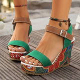 New Leisure Slope And Embroidery High Heel Sandals Women Buckle With Toe Thick-Soled Women's