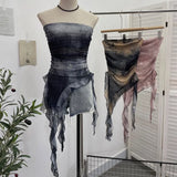 Real Shooting 2024 Summer New Dyed Printing Mesh Yarn Chest Sleeveless Top Irregular Ribbon Vest