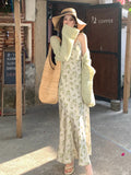 Xixi 2025 Spring New Retro High-Waisted Sling Dress Print Pure Desire Vacation Dress Women