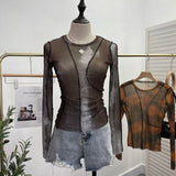 Sun Dyed Elastic Mesh Yarn T-Shirt Stacked With Long-Sleeved Top Press Line T-Shirt
