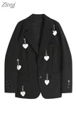 Black Gothic Blazer Coat Women Autumn 2023 Notched Neck Streetwear Harajuku Loose Long Sleeve Y2k Jackets Coat