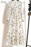 Women Summer Dress Floral Print Casual Long Dresses Female Long Sleeve Elegant A Line Beach