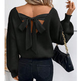 Women's V-Neck Solid Color Sweater Autumn New Long-Sleeved Casual Loose Bow Top