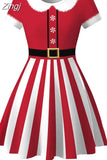 Dress Women Casual Elegant Print Red Xmas Party Dress Vintage Retro O-neck Short Sleeve A-Line Vestidos Robe