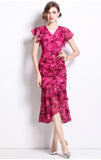 Retro Niche Design Drawstring Print V-Neck Dress Summer Women's Pocketed Fishtail Skirt