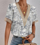 Women's Dress V-Neck Lace Loose Top Commuter Short-Sleeved Shirt Women Splicing