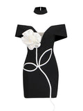 2025 Spring V Collar Bare Shoulder Three-Dimensional Flower Dress Sexy Babes Short