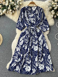 Women Vintage Printed Dress Elegant V-Neck Puff Sleeve High Waist A-Line Midi Robe Female Vacation Beach Vestidos