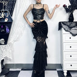 Spring 2024 New Dark Wrinkled Fishtail Multi-Layer Spliced Forked Skirt Women's