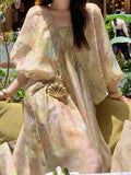 Casual Retro Loose Long V-Neck Bat Sleeve Niche Dress French Mid-Sleeve A-Dress