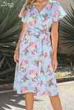 Floral Print Midi Dress Women Robe Elegant Chic Short Sleeve V Neck Casual Beach Dress With