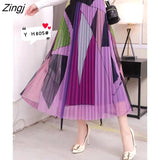 Midi Long Pleated Tulle Skirt Women 2022 Winter Geometric Print Mesh Patchwork Elegant A Line High Waist Skirt