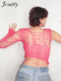 Women Autumn New 2023 Pink Sweet Wool Knitting Hollow Asymmetrical Single Shoulder Sleeve Holes Decoration Sexy