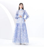 Early Spring Holiday Wind Collar Lantern Sleeve Print Single Buckle Waist Dress Female Pressure Fold Elegant Long