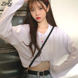 Sleeve T-shirts Women Solid Single-breasted Loose Preppy-style Tees Students All-match Leisure Trendy Korean V-neck