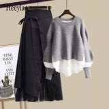 Women Winter Patchwork Long Sleeve Knitted Tops + Asymmetric Skirt 2 Piece Suit Female Party Elegant Two Piece Set 211-1-Outfit
