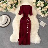Summer New Knee Tight Elastic Knitted Dress Open Design Buckle Round Neck Dress Short