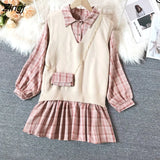 Style Sets Women Retro Plaid Mini Pleated Dress Knitted Vest Spring Autumn Elegant Korean Outfits Sweet Vintage