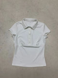Style Collar Buckle V-Neck Spliced Chest-Type Umbilled T-Shirt Hottie Temperament Female Casual