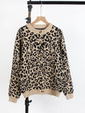 Autumn And Winter Sweater Women Loose Knitted Round Collar Long-Sleeved Leopard Print Sweater Open Shirt