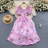 Summer New Irregular Dye Printing Short-Sleeved Sleeves Holiday Bubble Sleeves To Reduce The Age Of French Dress