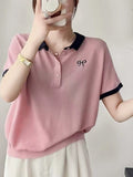 Collared Thorned Bow Embroidered Short-Sleeved T-Shirt Girl's Small Fragrant Wind Age Relaxed Temperament Ice Silk Knitted Shirt
