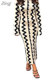 Vintage Wave Print Knitted Long Dress Women Elegant Party Pencil Dress Long Sleeve Crew Neck Cutout Waist Pencil
