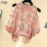 Off Shoulder Women Blouse Spring Summer Short Sleeve OL Chiffon Shirt Streetwear Vintage Print Hollow Out Top Mujer De