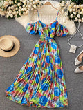 Summer Women's Spaghetti Strap Long Dress Bohemian Vacation Beach Party Pleated Vestidos Female New Fashion