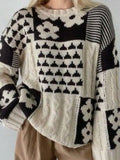 And Winter Sweater Women's Square Flowers Casual Loose Round Collar Knitted
