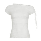Desire Girl Wind Thin Slim See One Shoulder Design Ribbon Short-Sleeved Top Babes Reduce Age Thin One-On-Wear