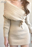 Chic Apricot Woolen Dress for Women Cross V-Neck Elegant Mini Knit Dresses Bodycon Fall Vestido Feminino Winter 2023